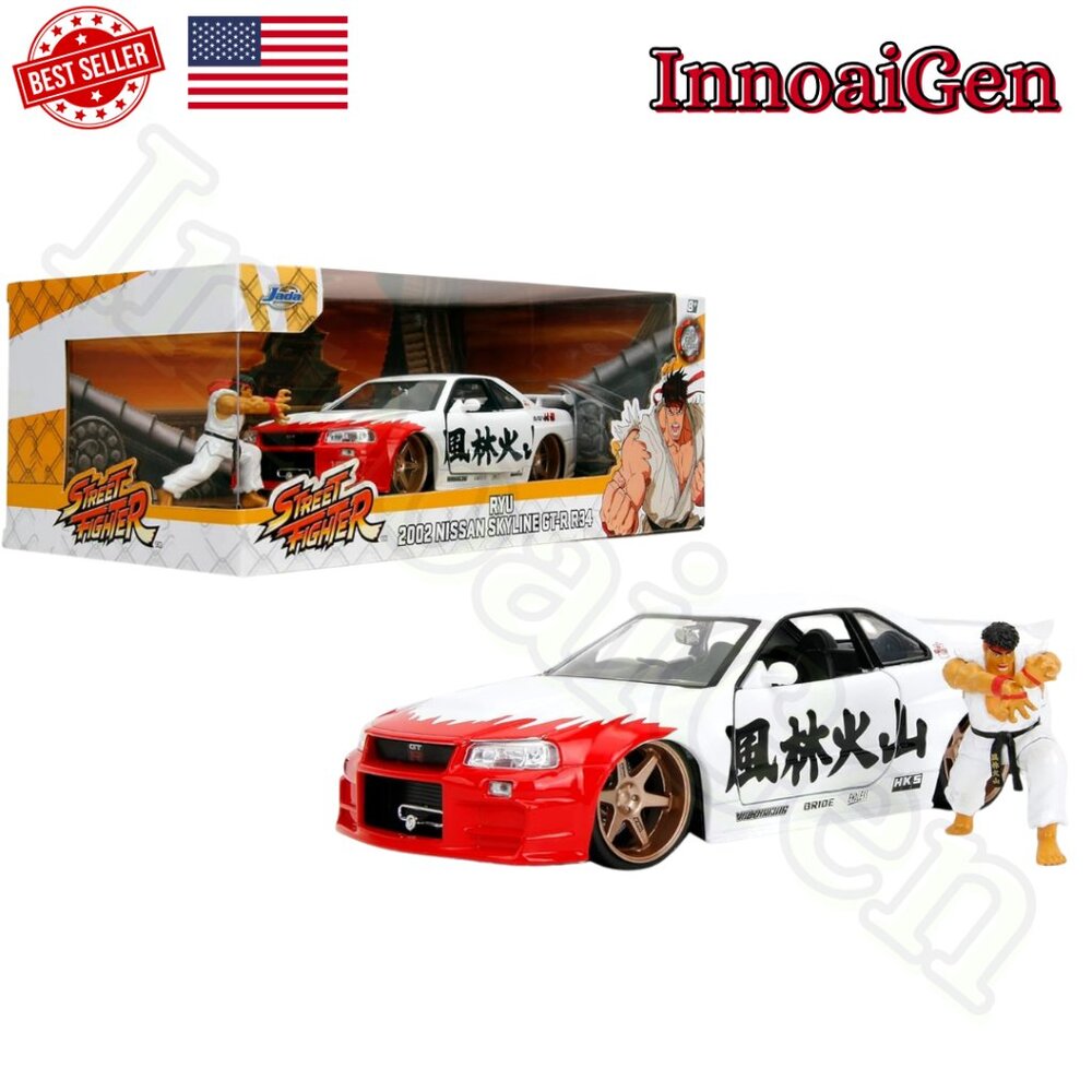 Jada Toys Street Fighter Ryu 2002 Nissan Skyline GT-R R34 Die-Cast Car & Figure
